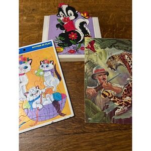 Vintage Whitman Lowe Sta-N-Place Frame Tray Puzzles Kittens Big Game Skunk Lot 3